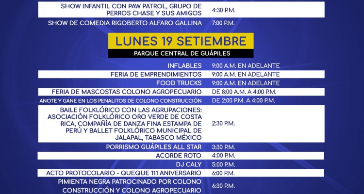 Programa festivo por los 111 años de Pococí.