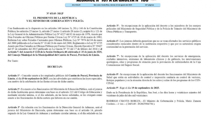 Asueto Pococí - 19 de setiembre de 2025 Asueto Pococí - 19 de setiembre de 2025