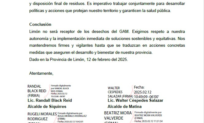 Alcaldías de Limón rechazan las intenciones de trasladar los desechos provenientes del Gran Área Metropolitana a nuestra provincia. 